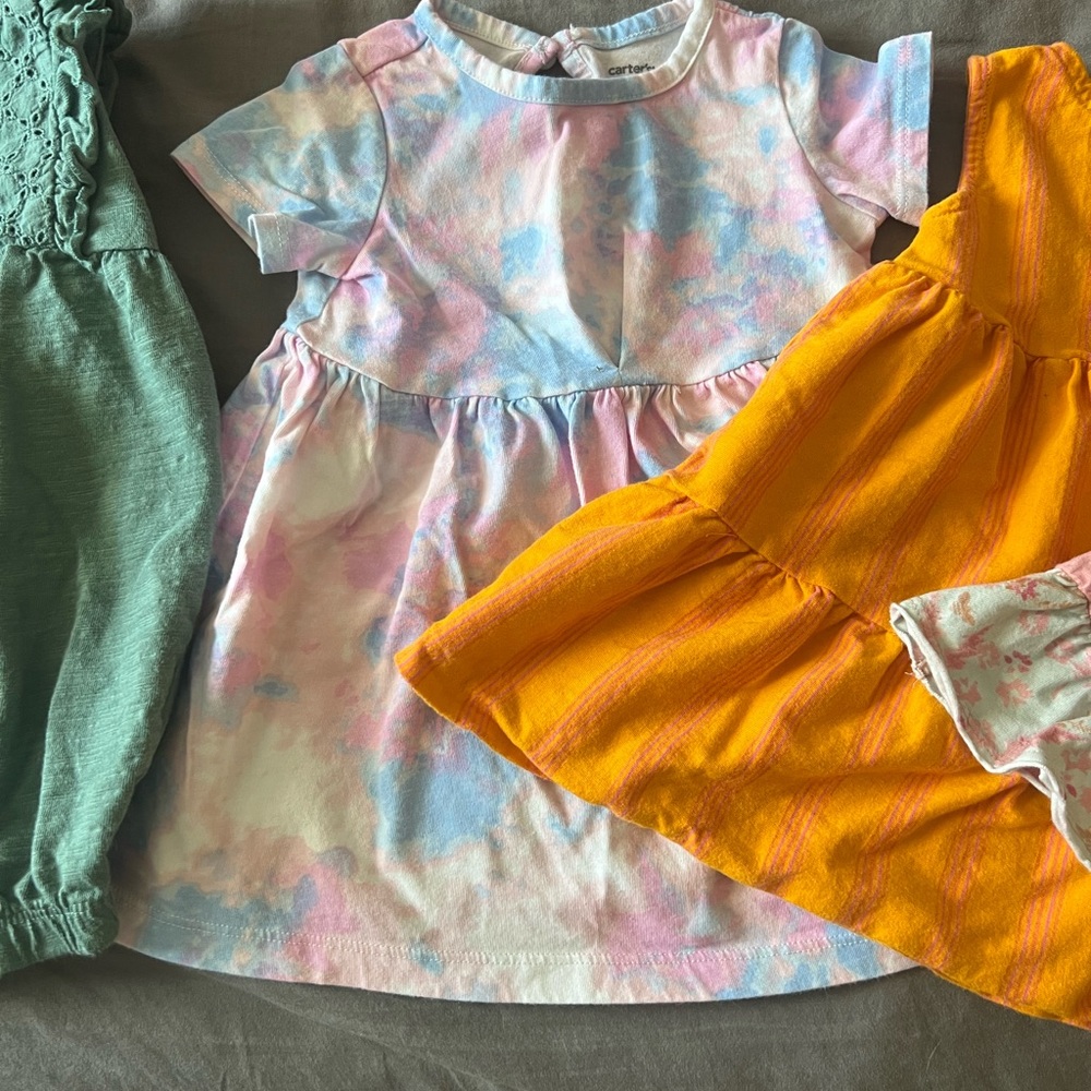 LOT of 5/$25 6-9 month dress/tunics/romper with 2 bloomers Carters/Burt’s Bees